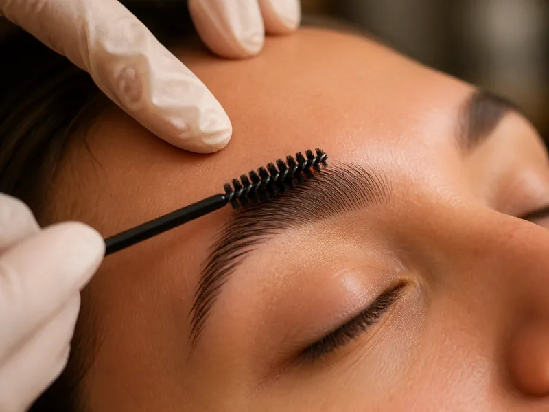 Close-up of a brow lamination treatment being applied to a client's eyebrow at a Clifton Park, NY medical spa
