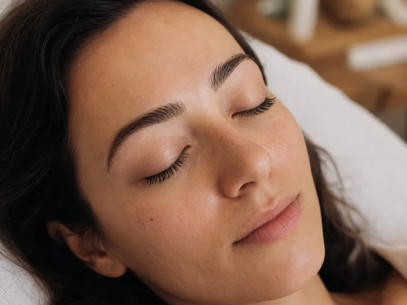 Client's face at rest showing lifted lashes and laminated brows from a combined lash and brow service in Clifton Park, NY