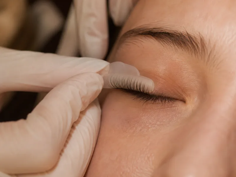 Close-up of a lash lift treatment on a client's eye at a Clifton Park, NY medical spa