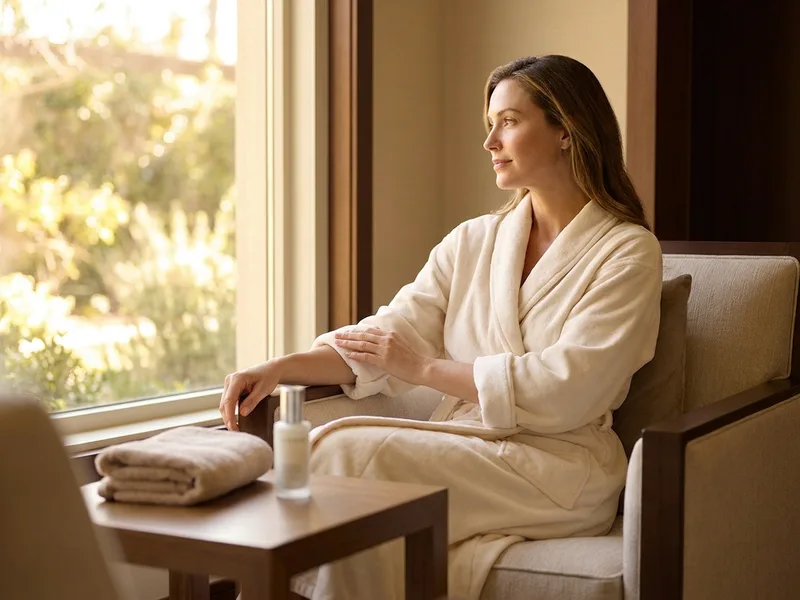 Calm client in a spa robe considering upper arm stretch mark revision treatment in Clifton Park, NY